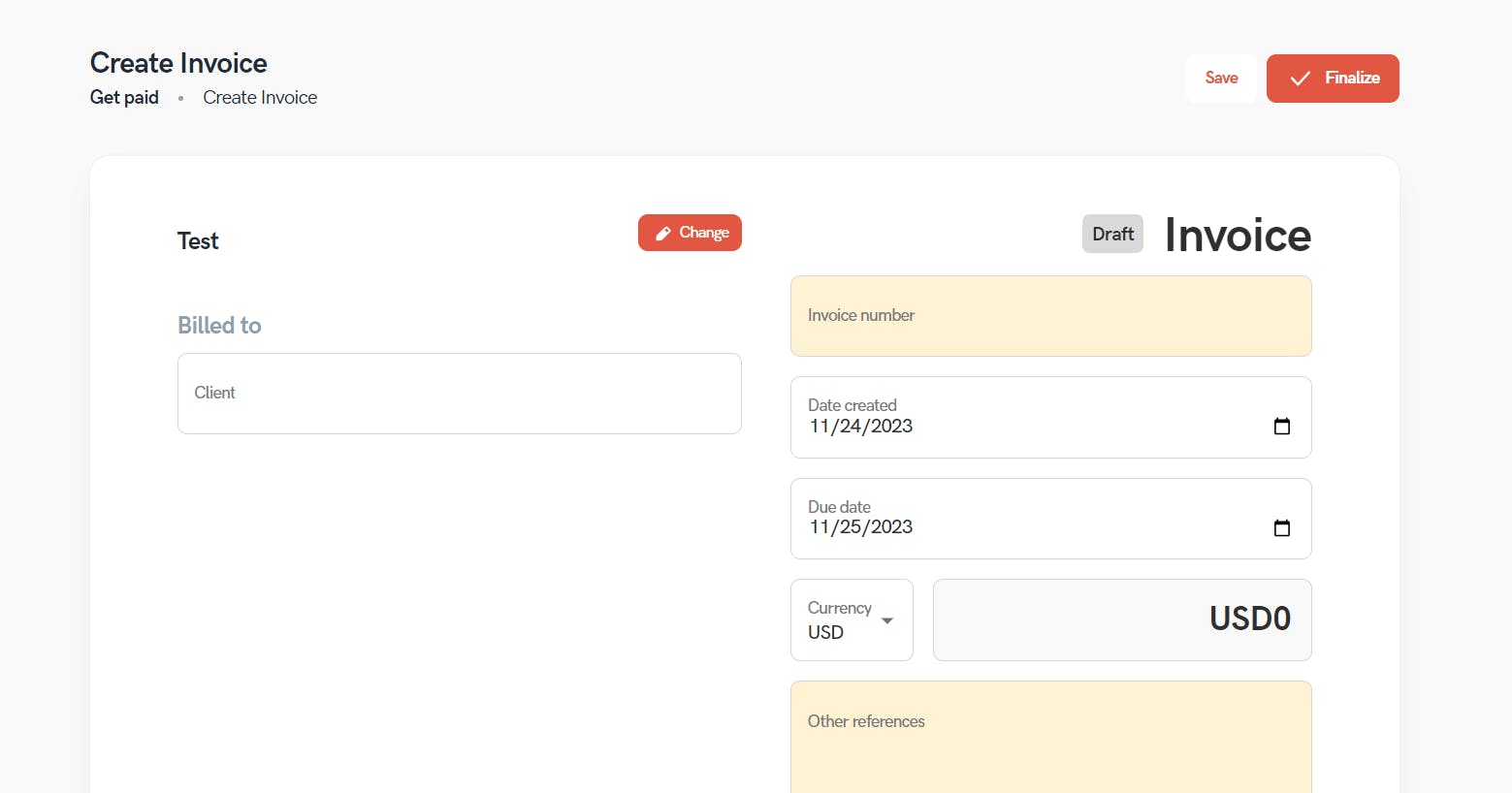 a screenshot of statrys invoice software dashboard, creating an invoice