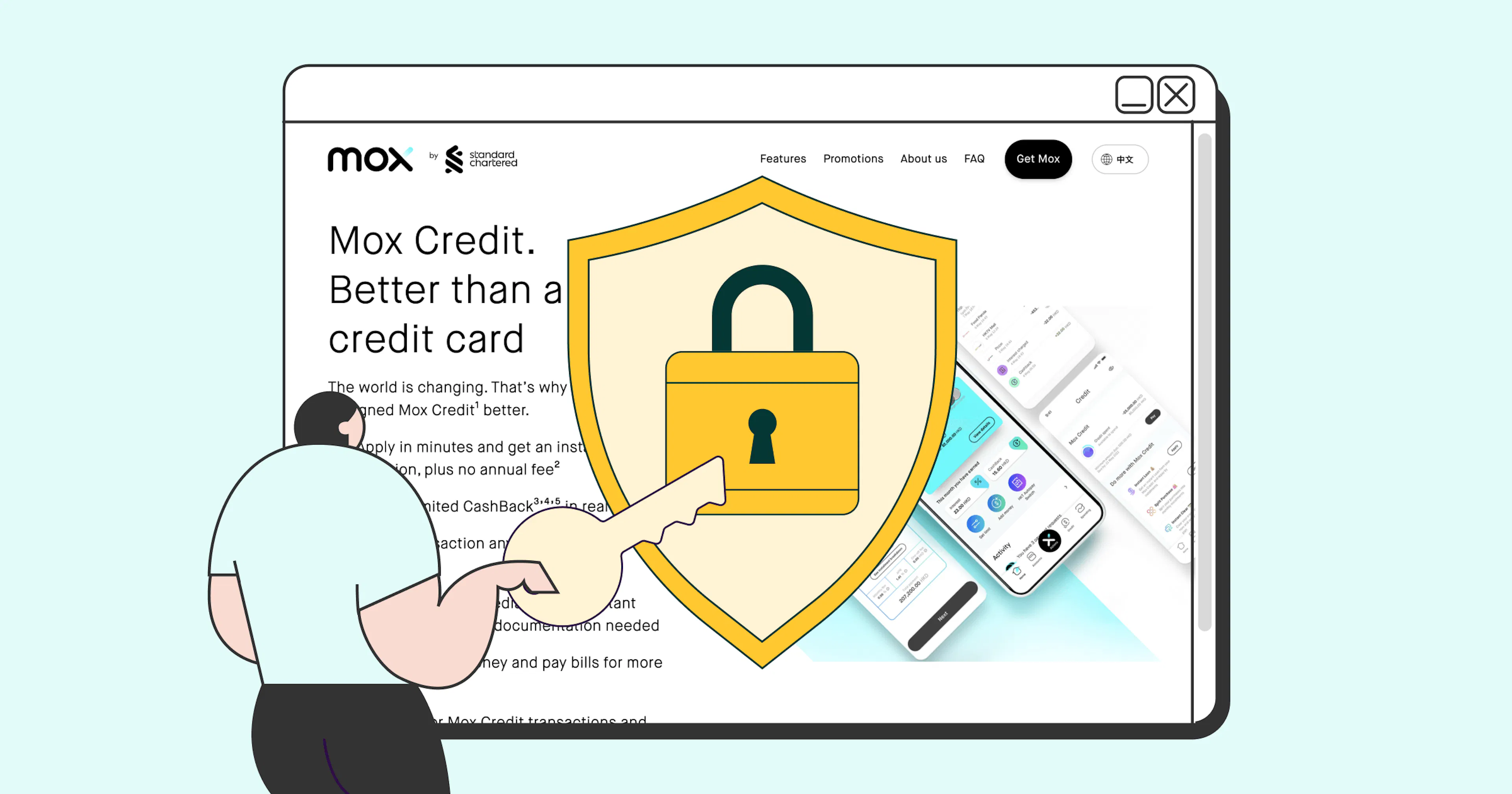 A person trying to open a lock in front of a Mox Bank screenshot