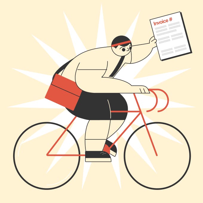An illustration of a man riding a slim bicycle holding an outstanding invoice on his left hand.