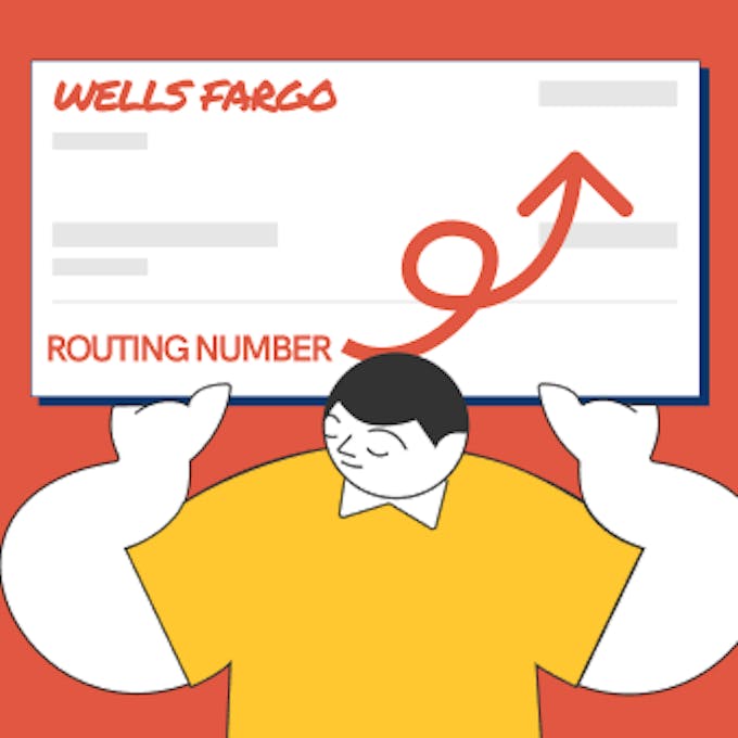 An illustrated man holding a Wells Fargo bank's check with a routing number.