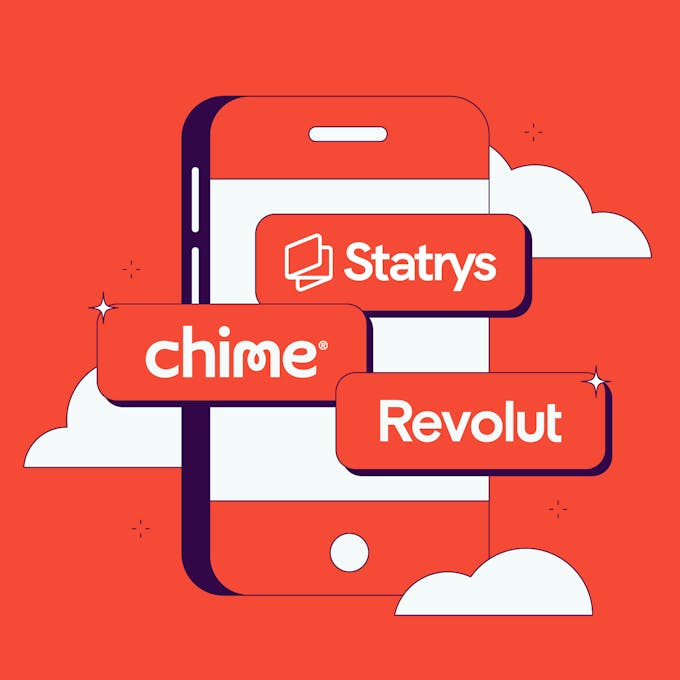 Illustration of a cellphone screen featuring logos from top neobanks Statrys, Chime, and Revolut.