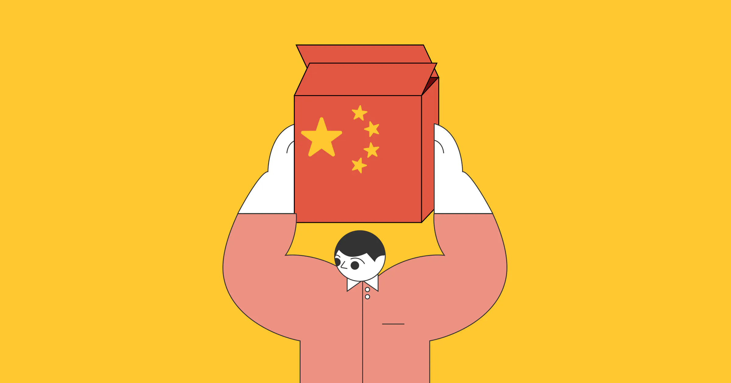 An illustrated man holding a box containing products imported from China