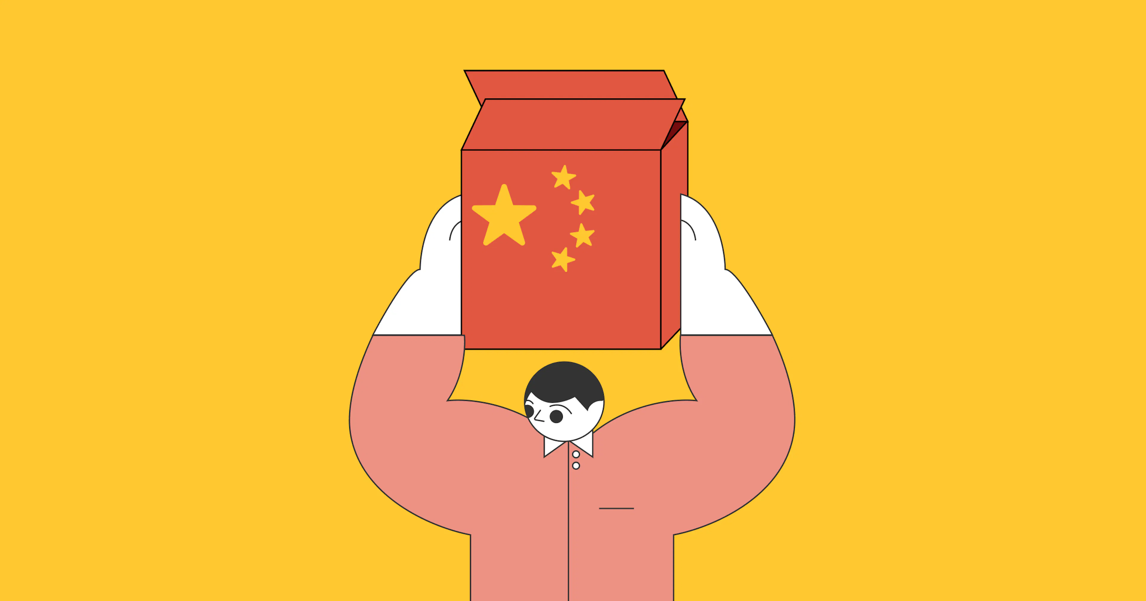 An illustrated man holding a box containing products imported from China