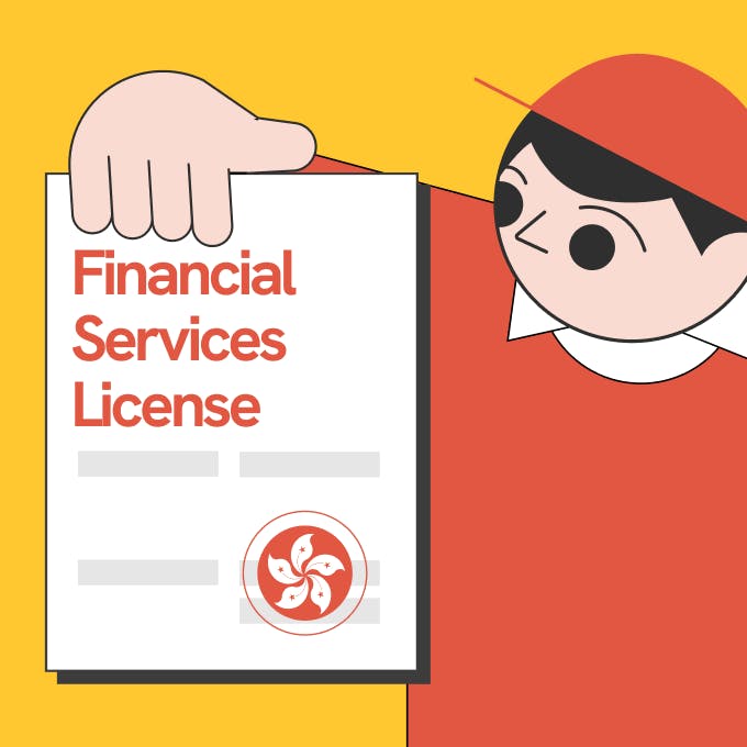 an illustration of statrys mascot holding a piece of paper that says financial services license with a hong kong symbol.