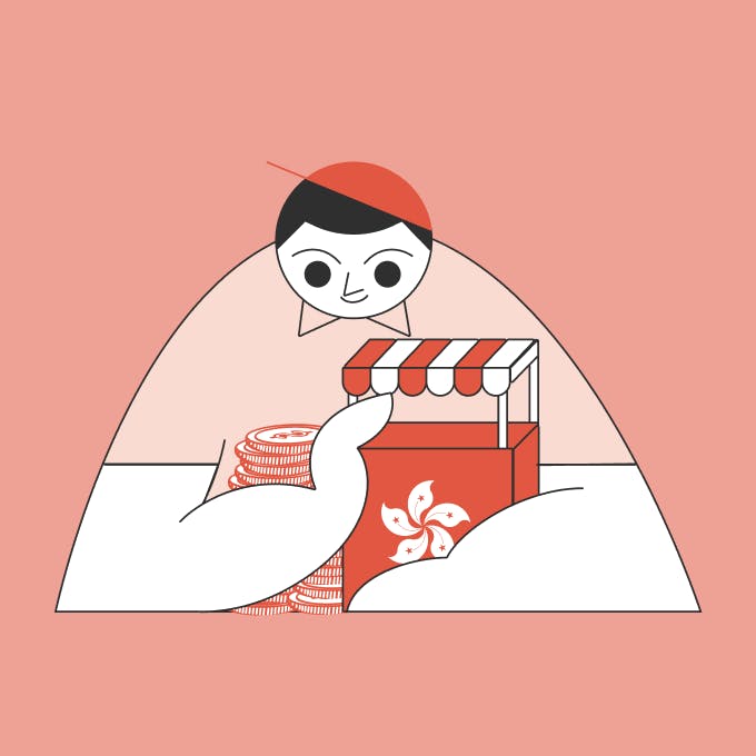 illustration of statrys mascot holding a store and coins with Hong Kong flag
