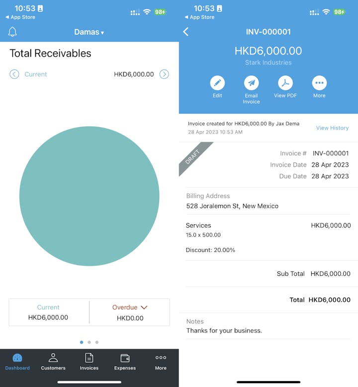 zoho invoice mobile app