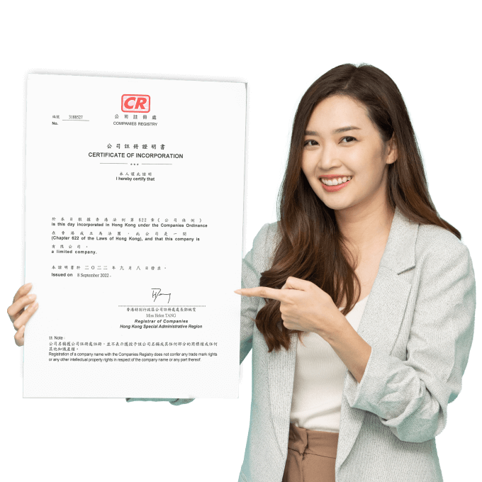 A woman holding a Certificate of Incorporation for a Company Registered in Hong Kong.