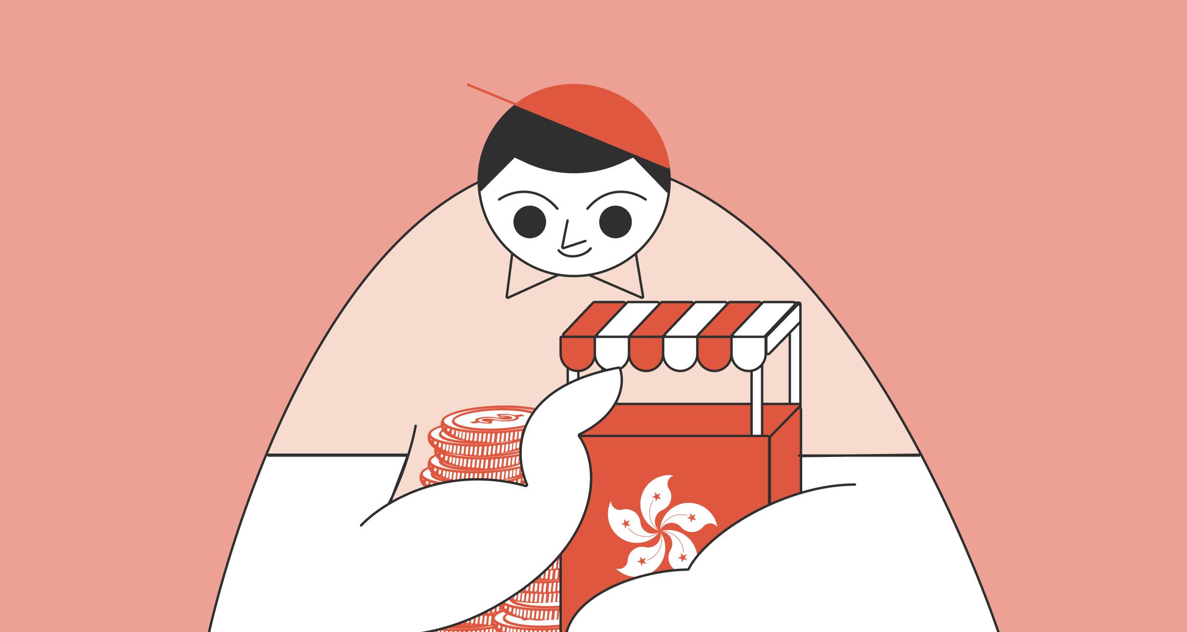 illustration of statrys mascot holding a store with a Hong Kong flag 