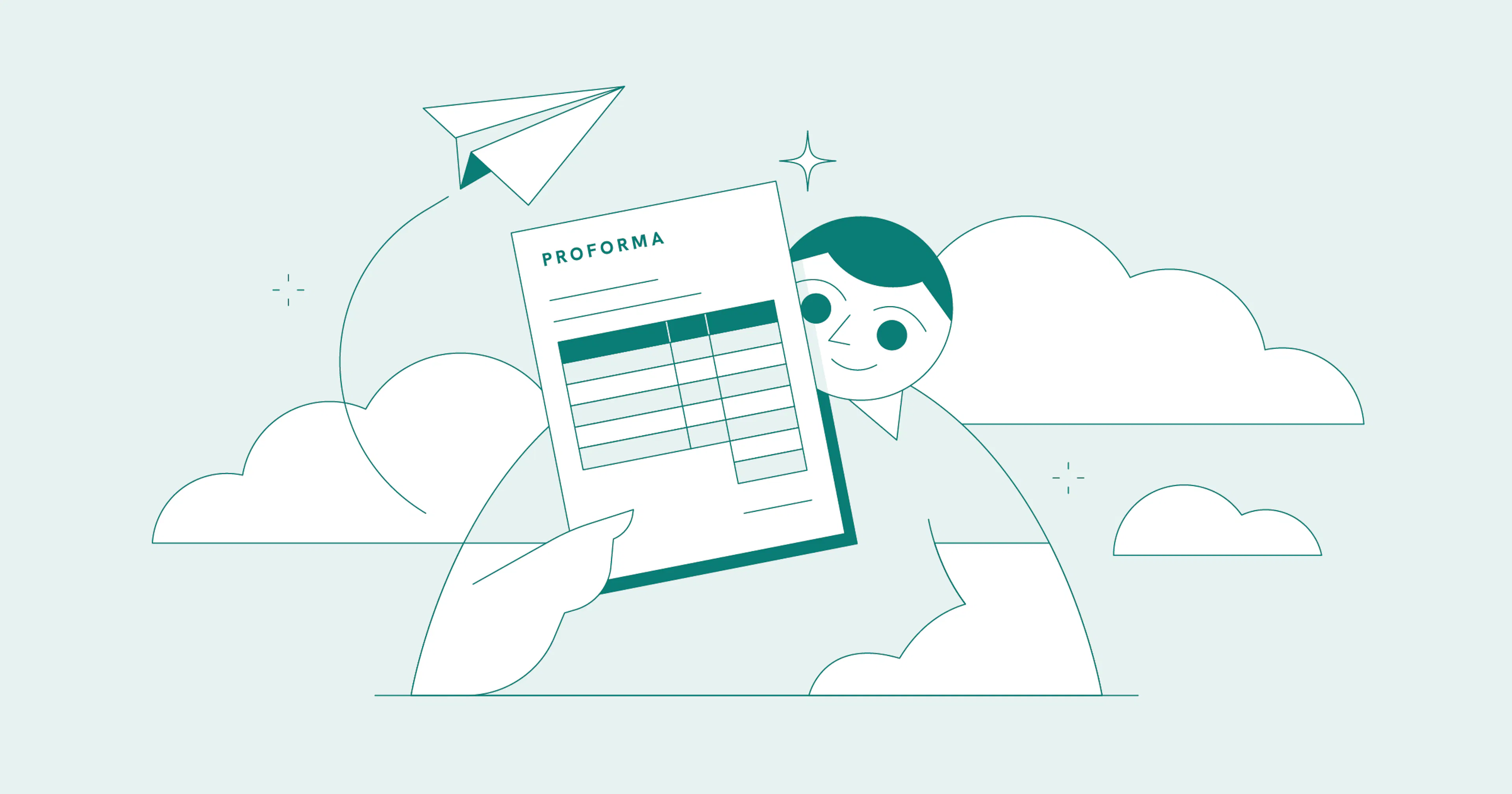 Illustration of a person holding a pro forma invoice in front of clouds with a paper airplane flying over them.