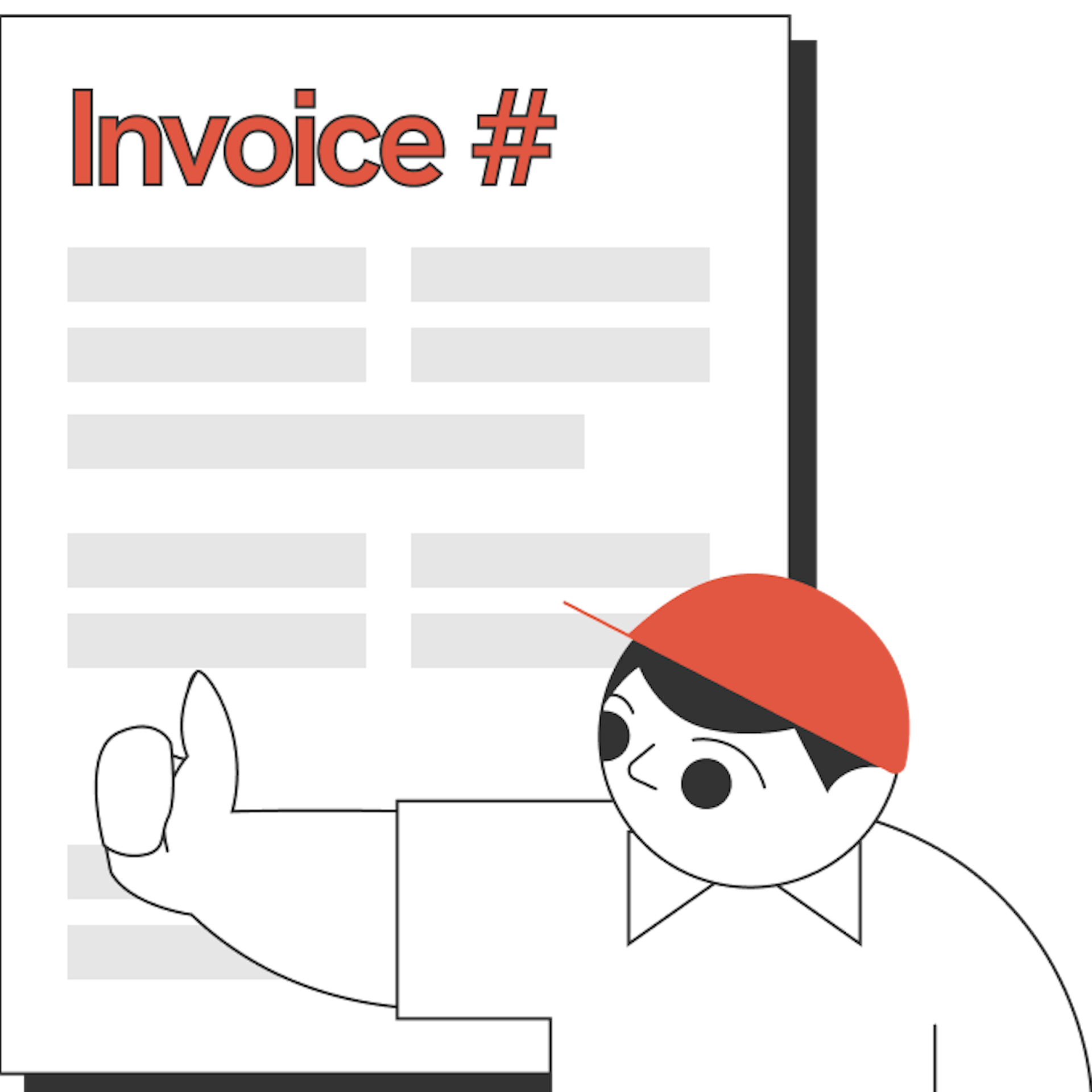 Illustration of an invoice document with invoice number and a person reviewing it