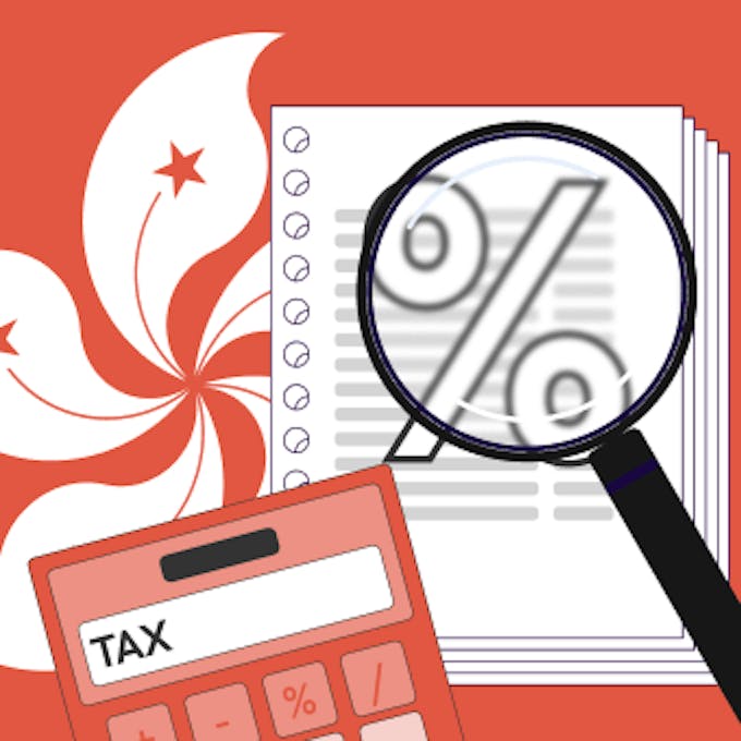 an illustration of a magnifying glass lookingat a piece of paper a red calculator that says Tax. 
