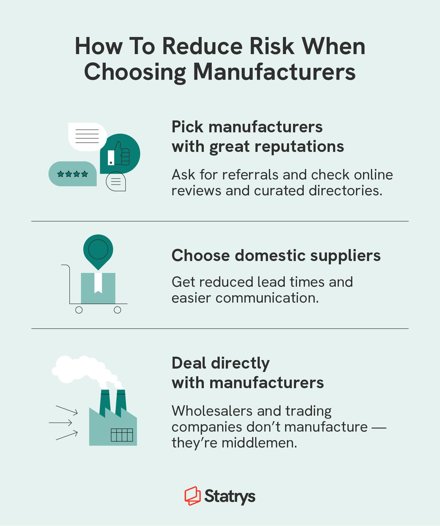 Illustrated chart covering picking manufacturers with good reputations, finding domestic manufacturers, and dealing directly with manufacturers to reduce risk.