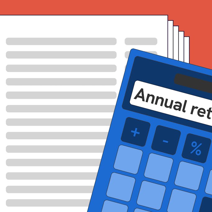 an illustration of a calculator with text that says annual return on top of a pile of A4 paper