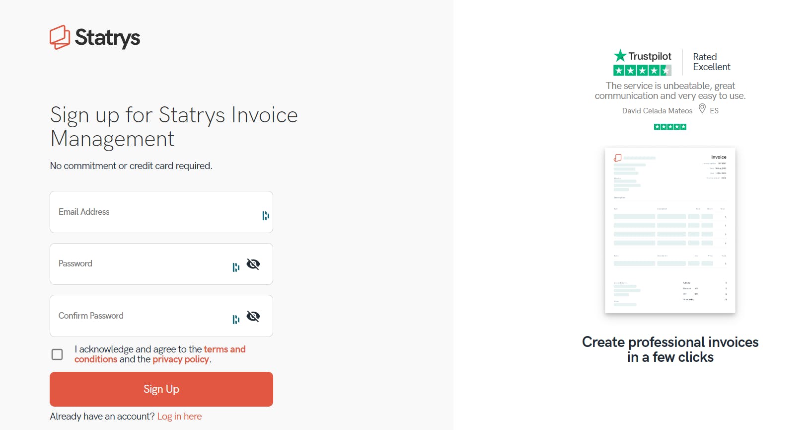 a screenshot of statrys invoice software sign up page