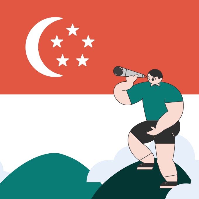 A man looking into a telescope at the Singapore flag