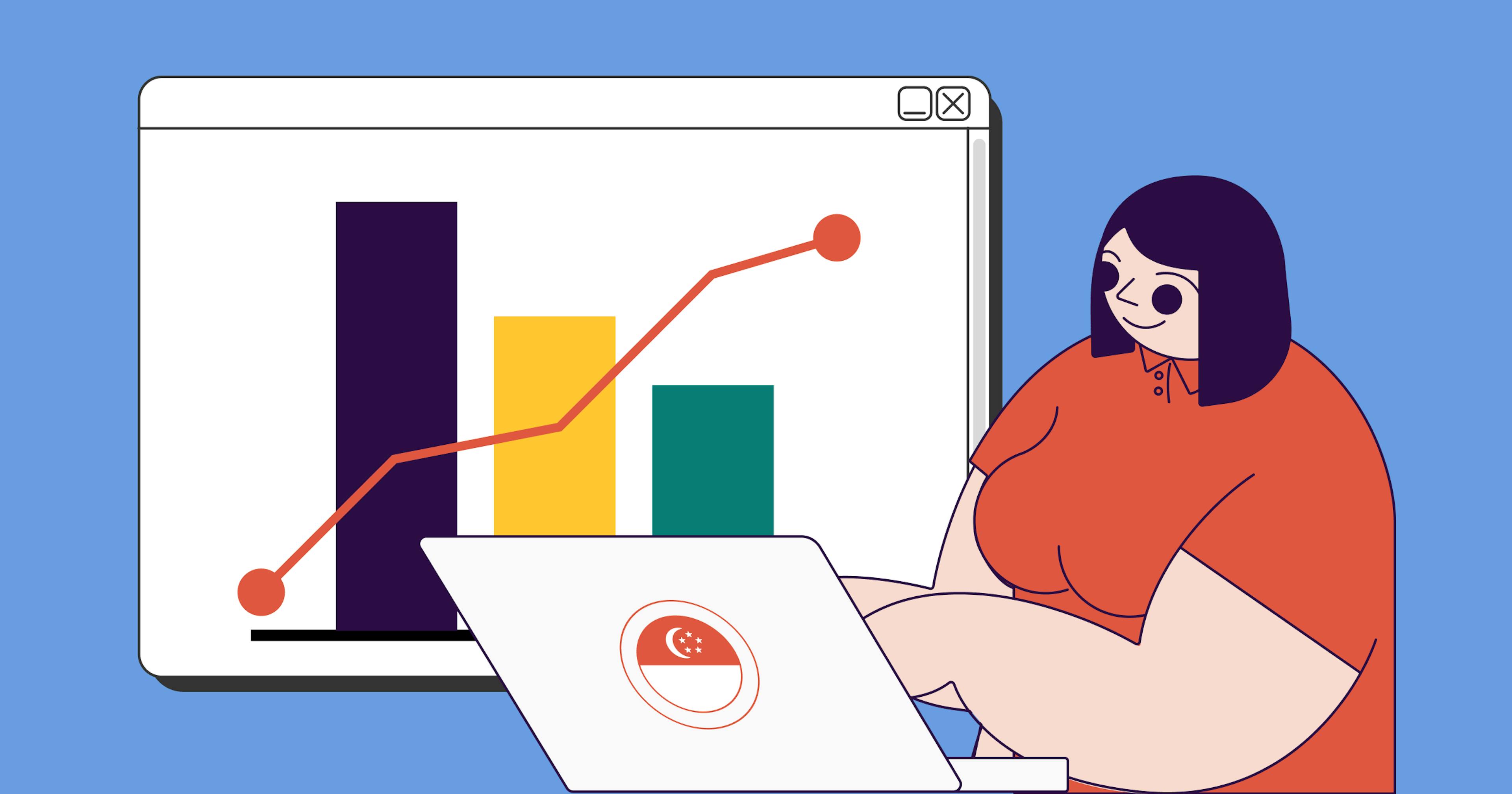A woman using a computer with graphs behind her.
