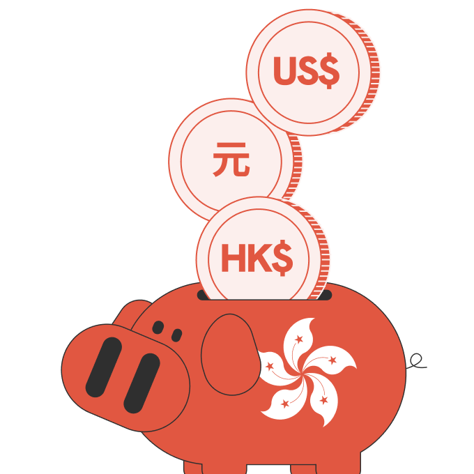 An illustration of a piggy bank cashing out HK dollars, US dollars, and Renminbi as coins.