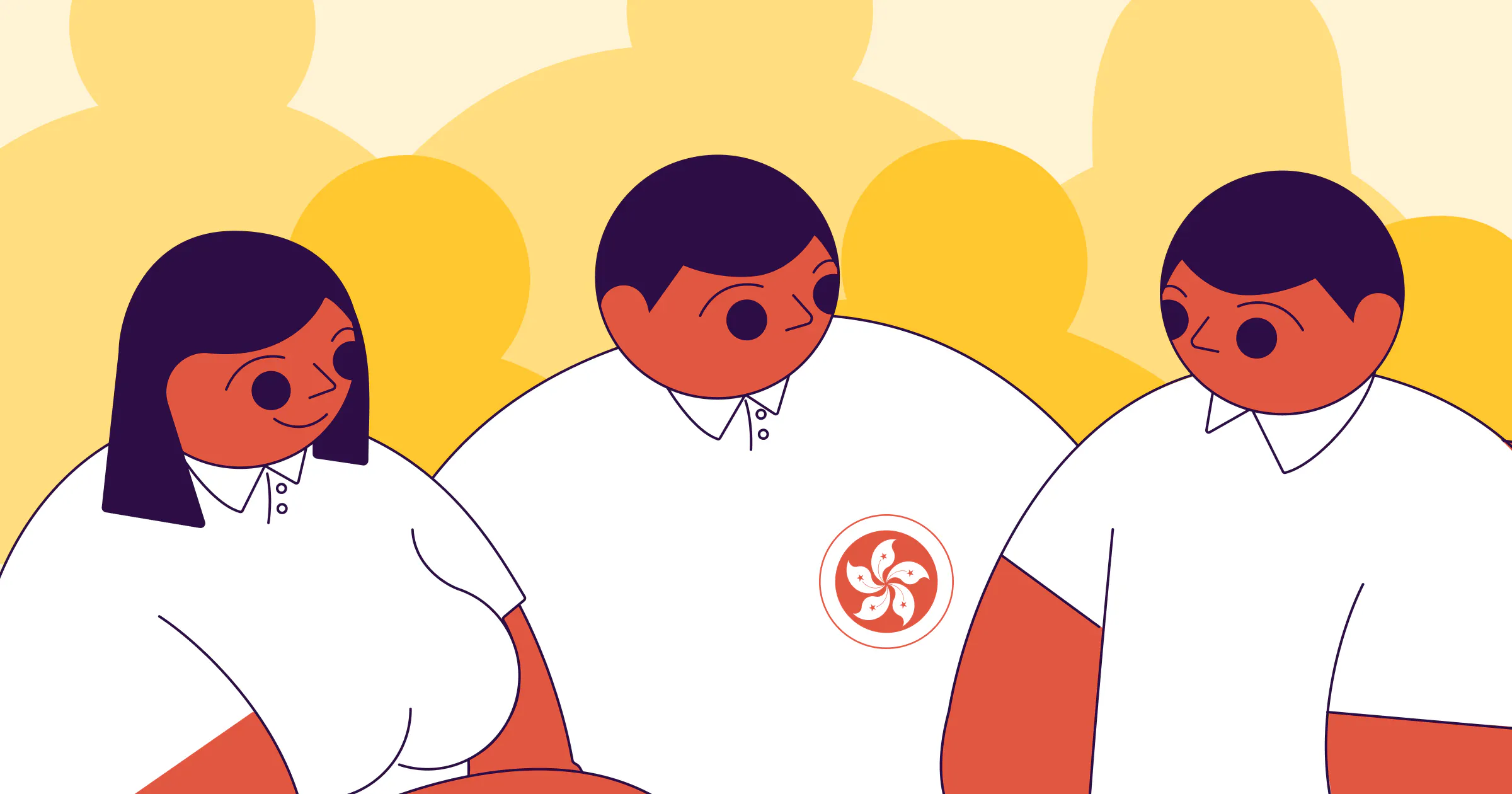 an illustration of three statrys mascots wearing white shirts with a hong kong flag standing in a group