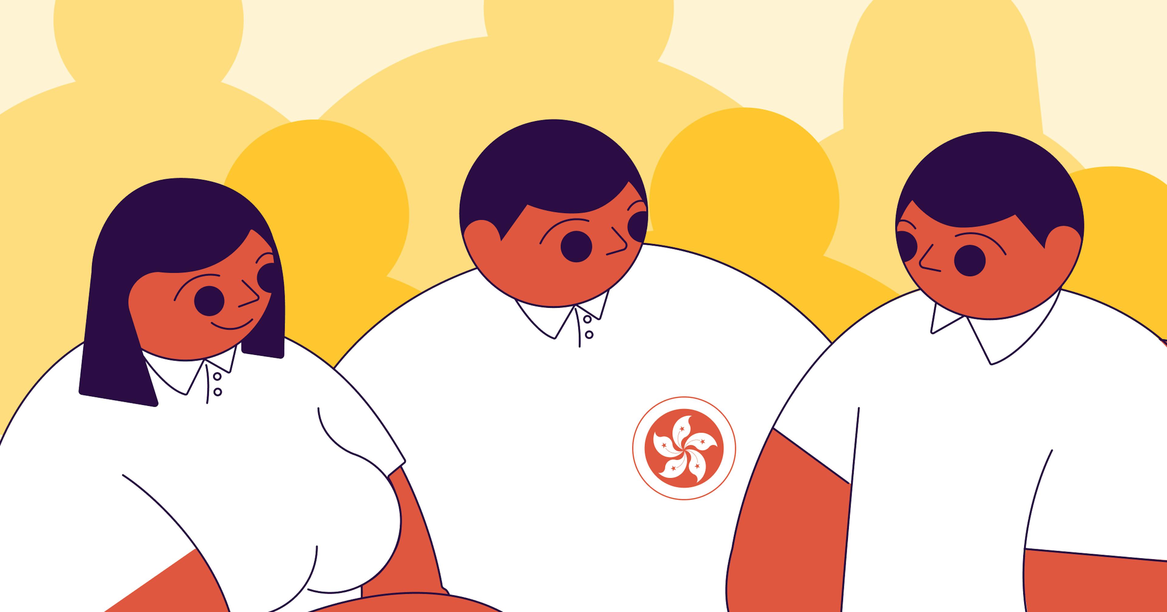 an illustration of three statrys mascots wearing white shirts with a hong kong flag standing in a group
