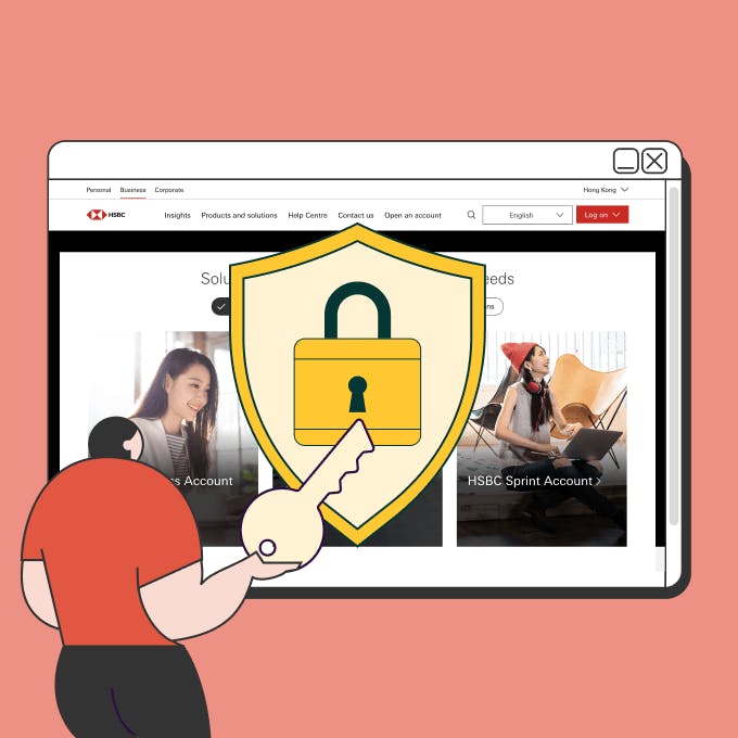 A man opening a lock in front of the HSBC website