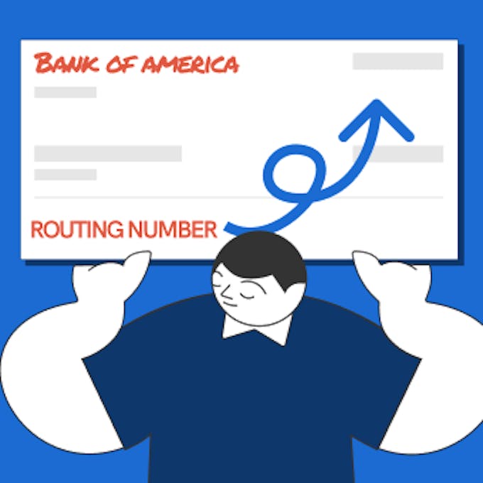An illustrated man holding a Bank of America's check with a routing number.