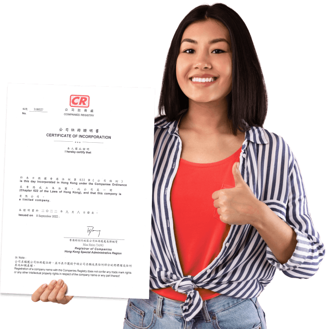 A woman holding a Certificate of Incorporation for a company registered in Hong Kong.