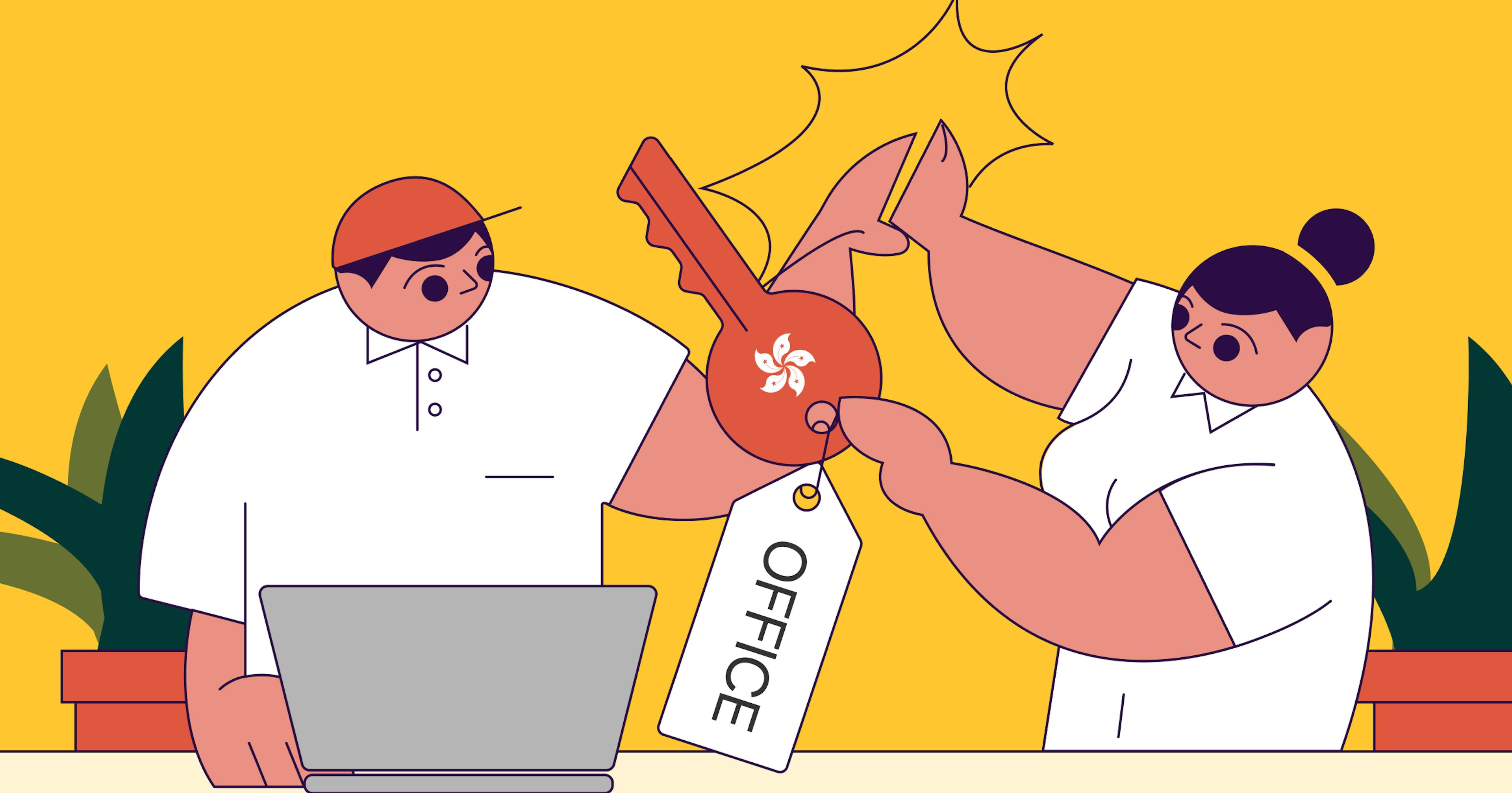 an illustration of two statrys mascots passing a key to an office to one another