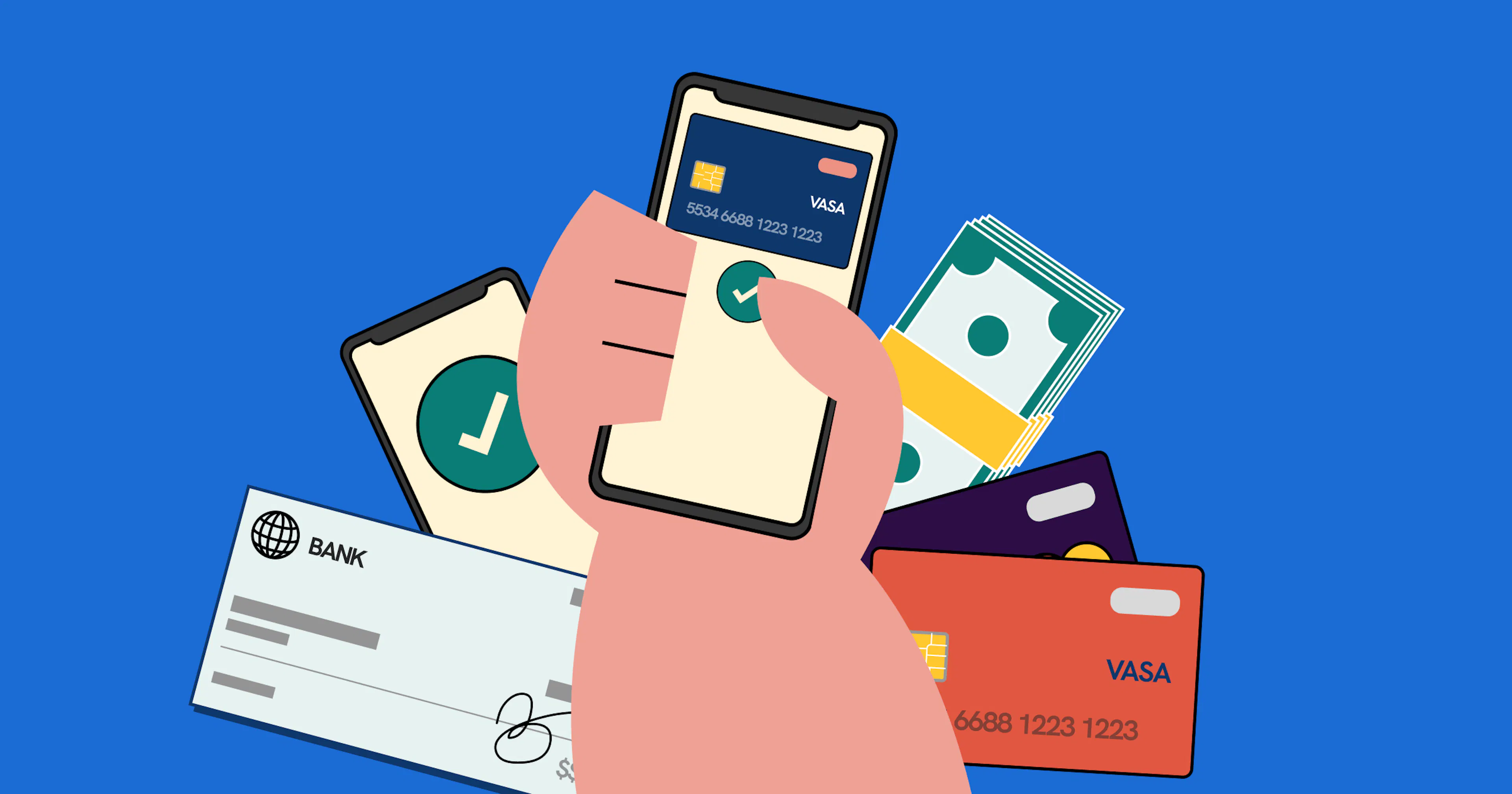 An illustration of a hand using a device with capable of different payment methods 