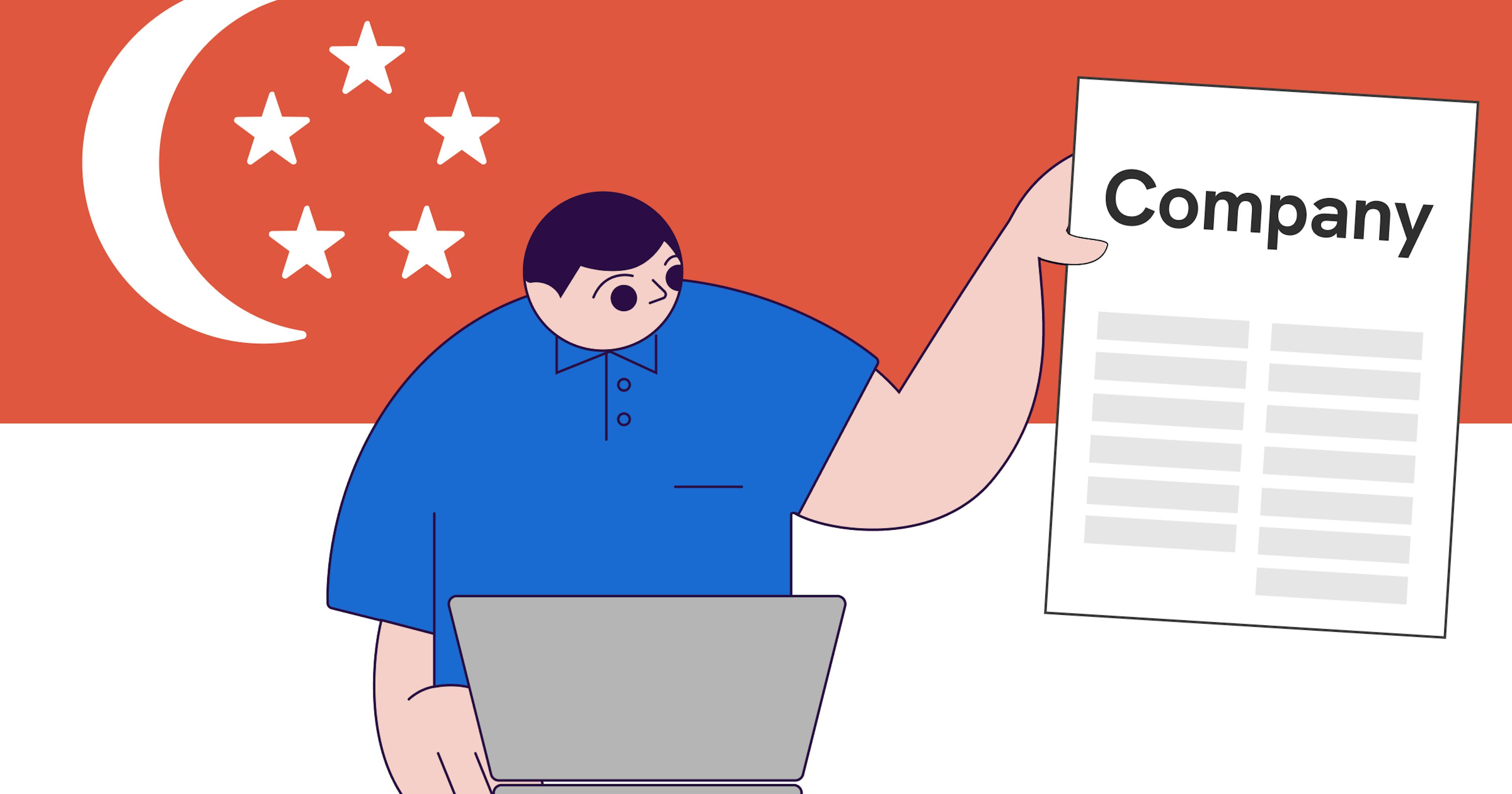 An illustration of a man holding a certificate after registering a company with a Singapore flag behind