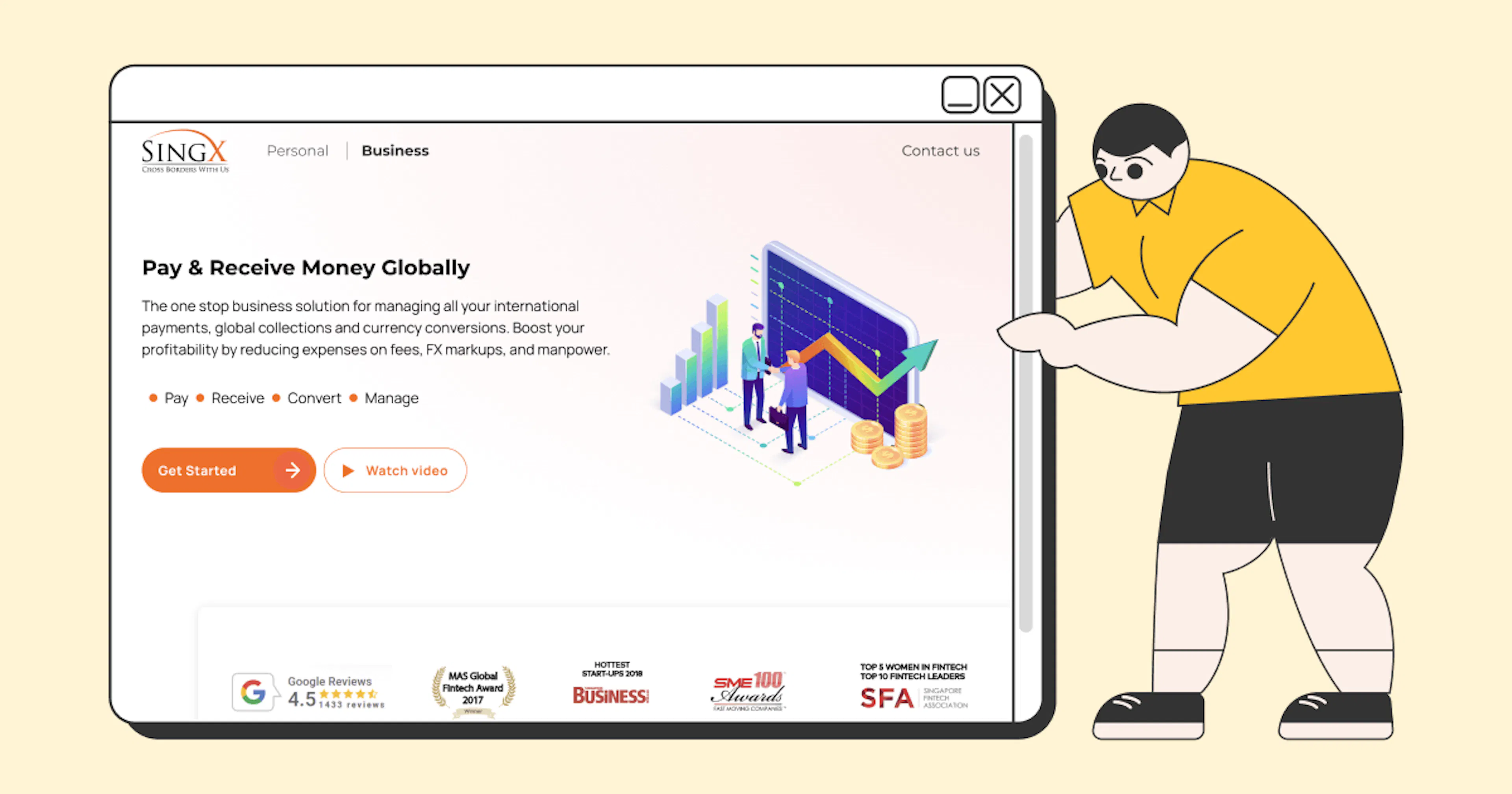 Illustration of a person with a magnifying glass leaning over a large computer screen displaying the SingX website interface.