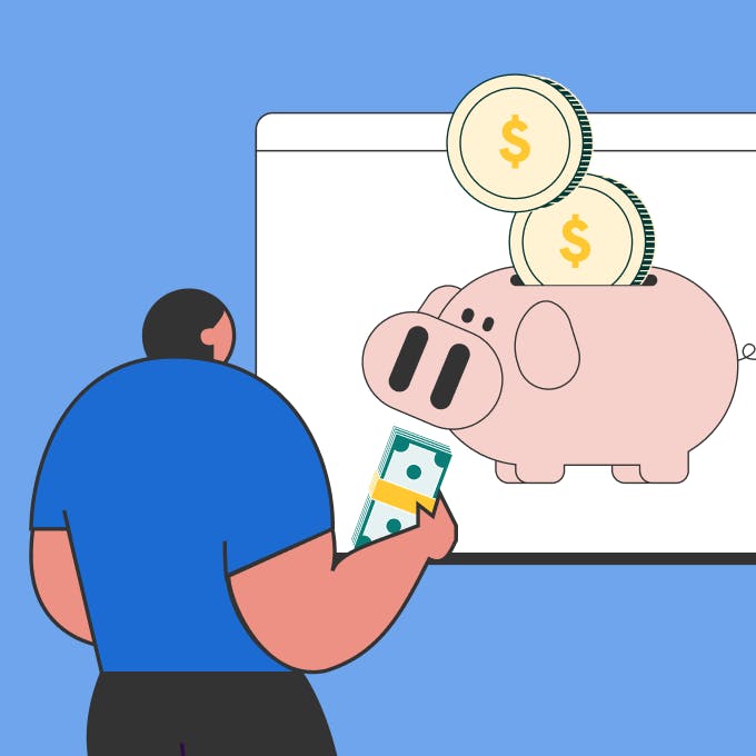 An illustration of a man withdrawing cash from an online bank