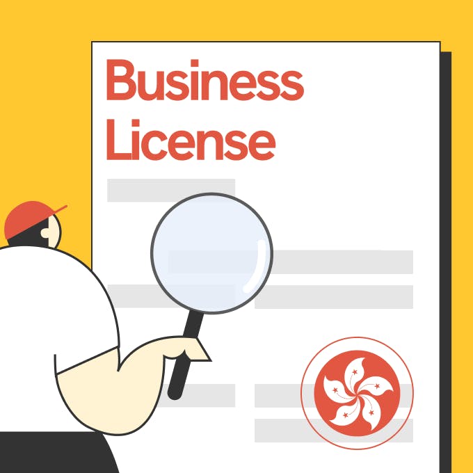 an illustration of statrys mascot holding a magnifying glass looking at a large piece of paper titled Business license with a hong kong emblem. 