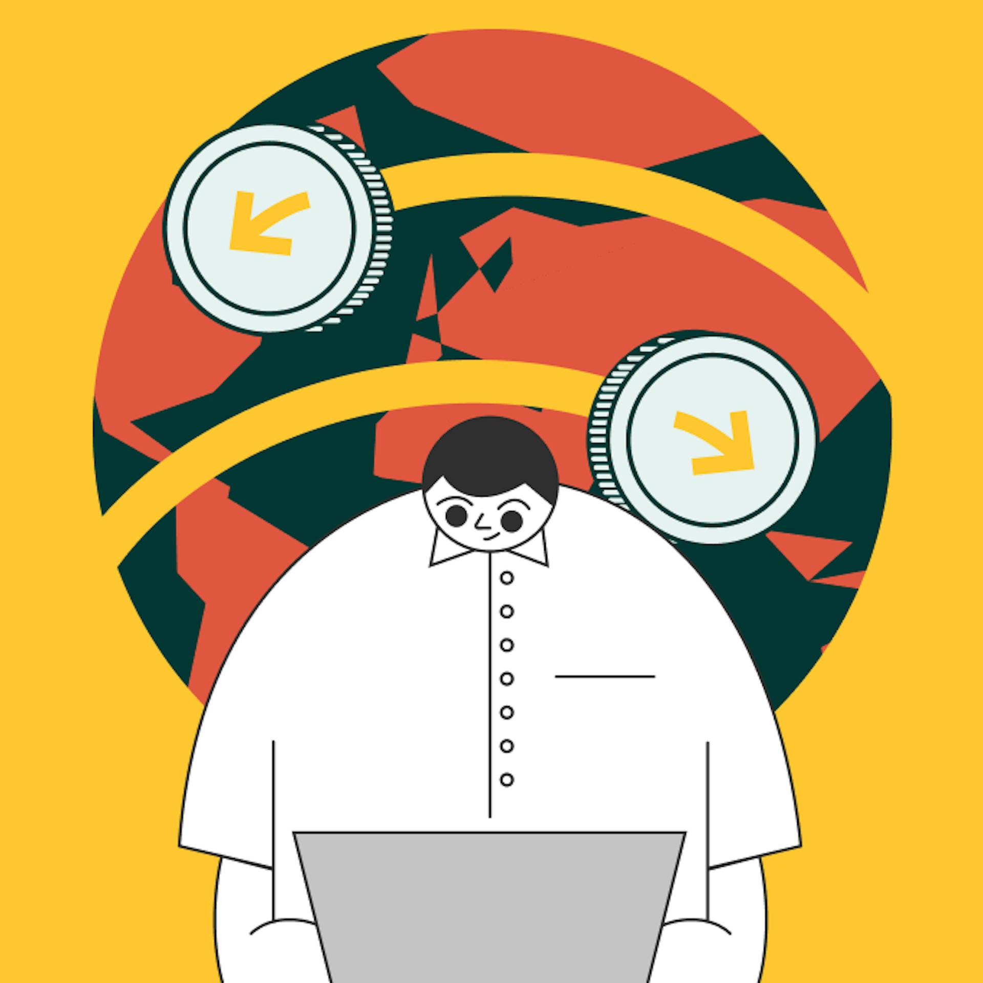 An illustration of a globe representing how cross-border transactions work with a man using a laptop computer.
