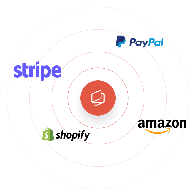 Illustration of Statrys logo in the middle of a circular signal surrounded by Stripe, Shopify, Amazon, and PayPal logo.