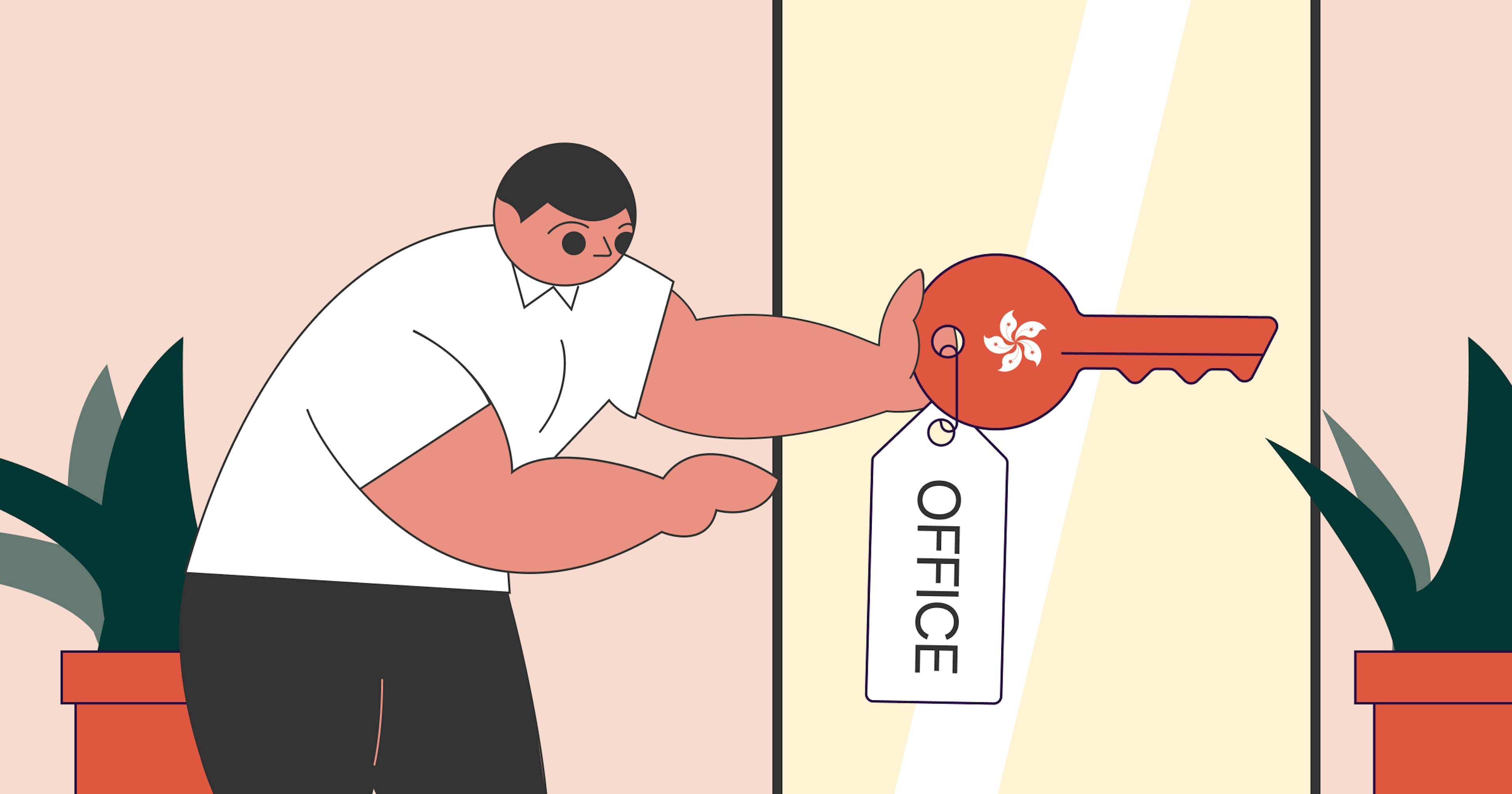 An illustration of statrys mascot inserting an office key with a hong kong logo