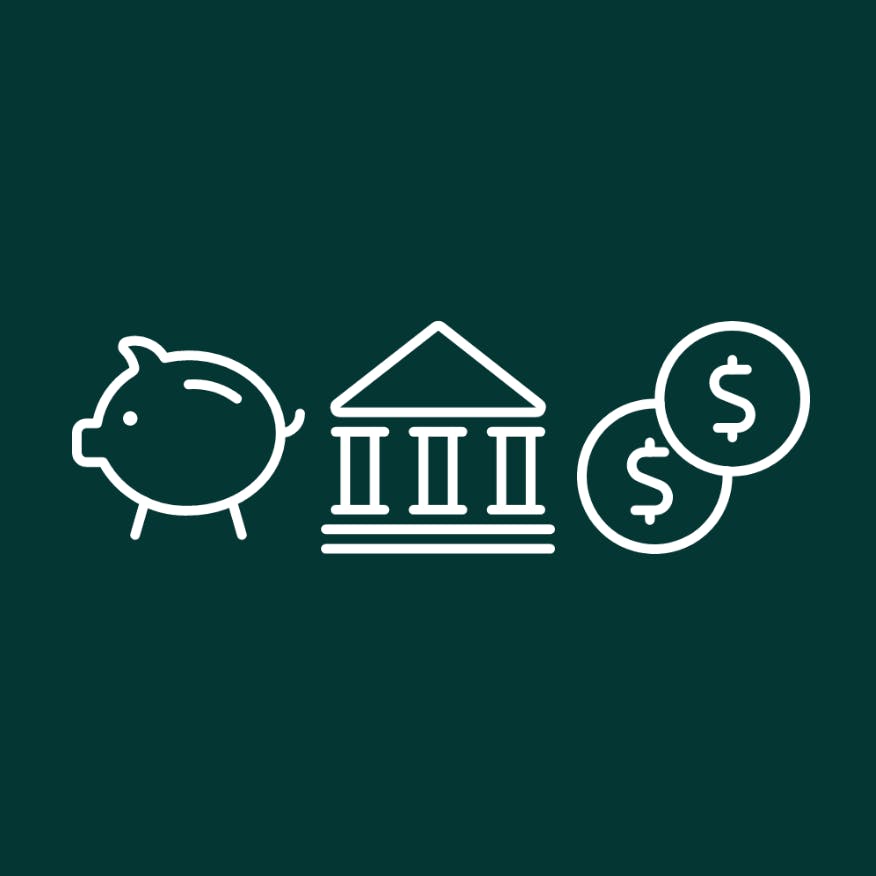 An outlined icon, comprising a piggybank, financial institution, and USD coin.