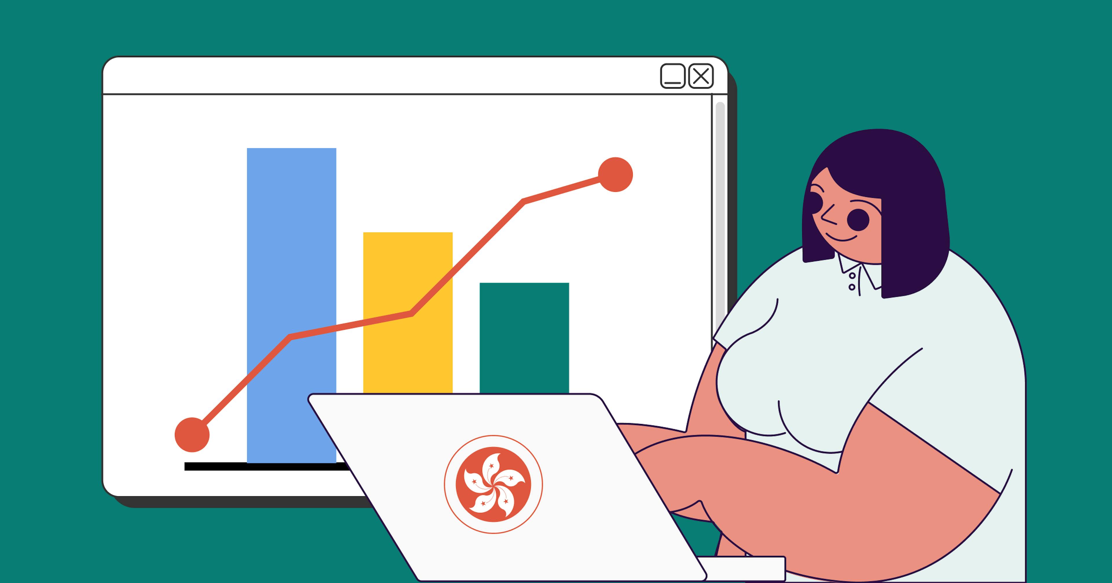 an illustration of a female statrys mascot working on a laptop with a chart in the background.