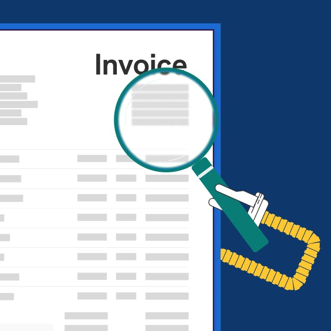 An invoice with a magnifying glass focusing on the details on the invoice