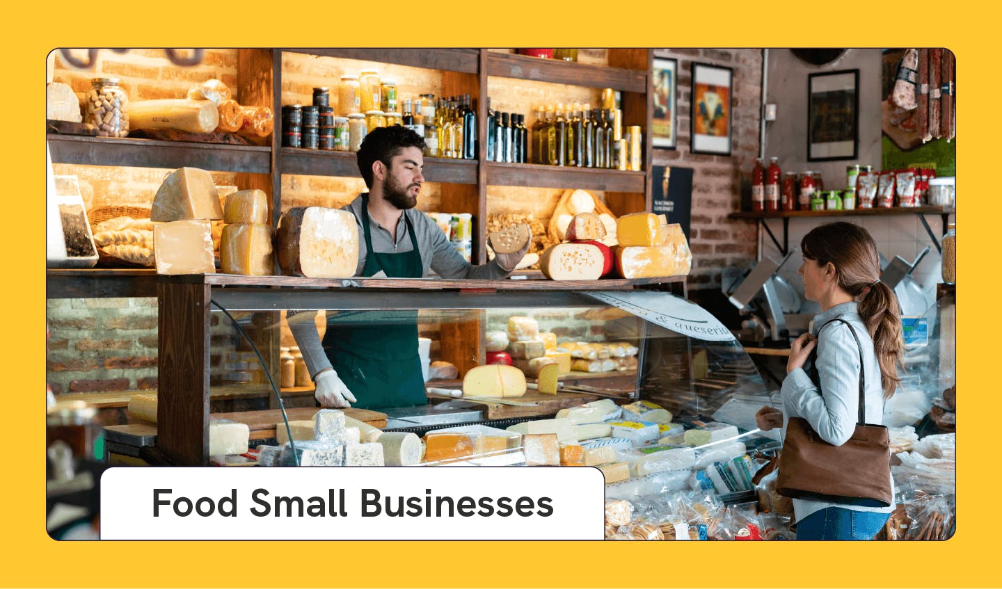 Photograph of a person selling bread at their bakery as an example of a small business idea with text that says “Food Small Businesses.” 