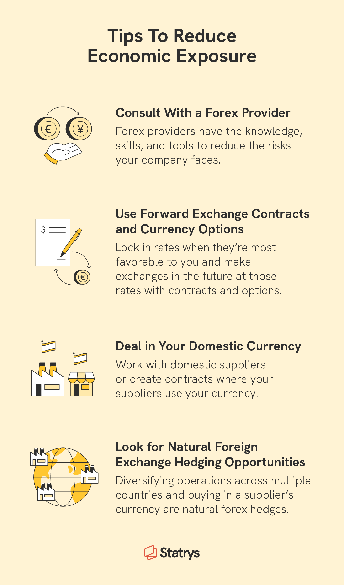 Four illustrations represent four tips to reduce economic exposure and foreign exchange risk, including consulting with a forex provider and dealing in your domestic currency.