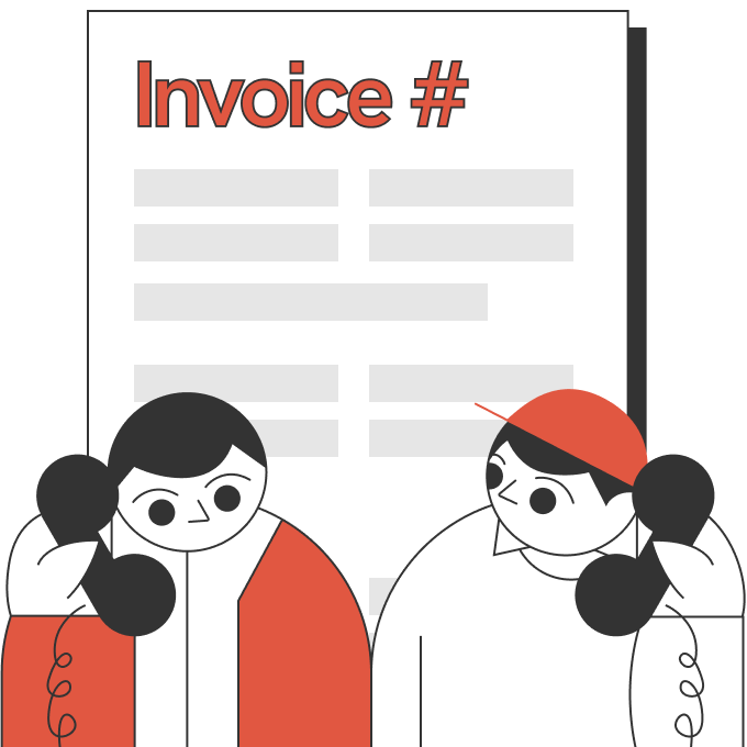 Two illustrated men discussing how to create and send an invoice