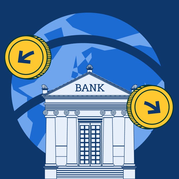 An illustrated bank building showing how international transfers work.