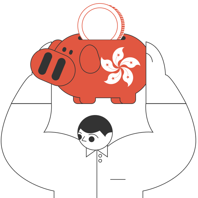 illustration of statrys mascot holding a piggy bank with Hong Kong logo