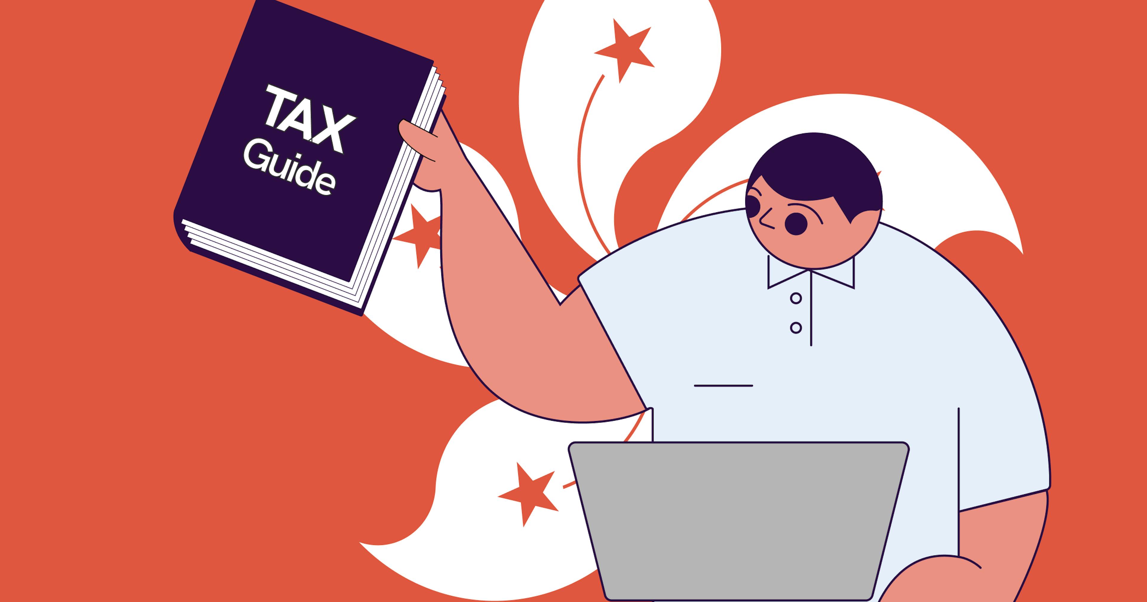 illustration of a tax advisor holding a book that says tax guide