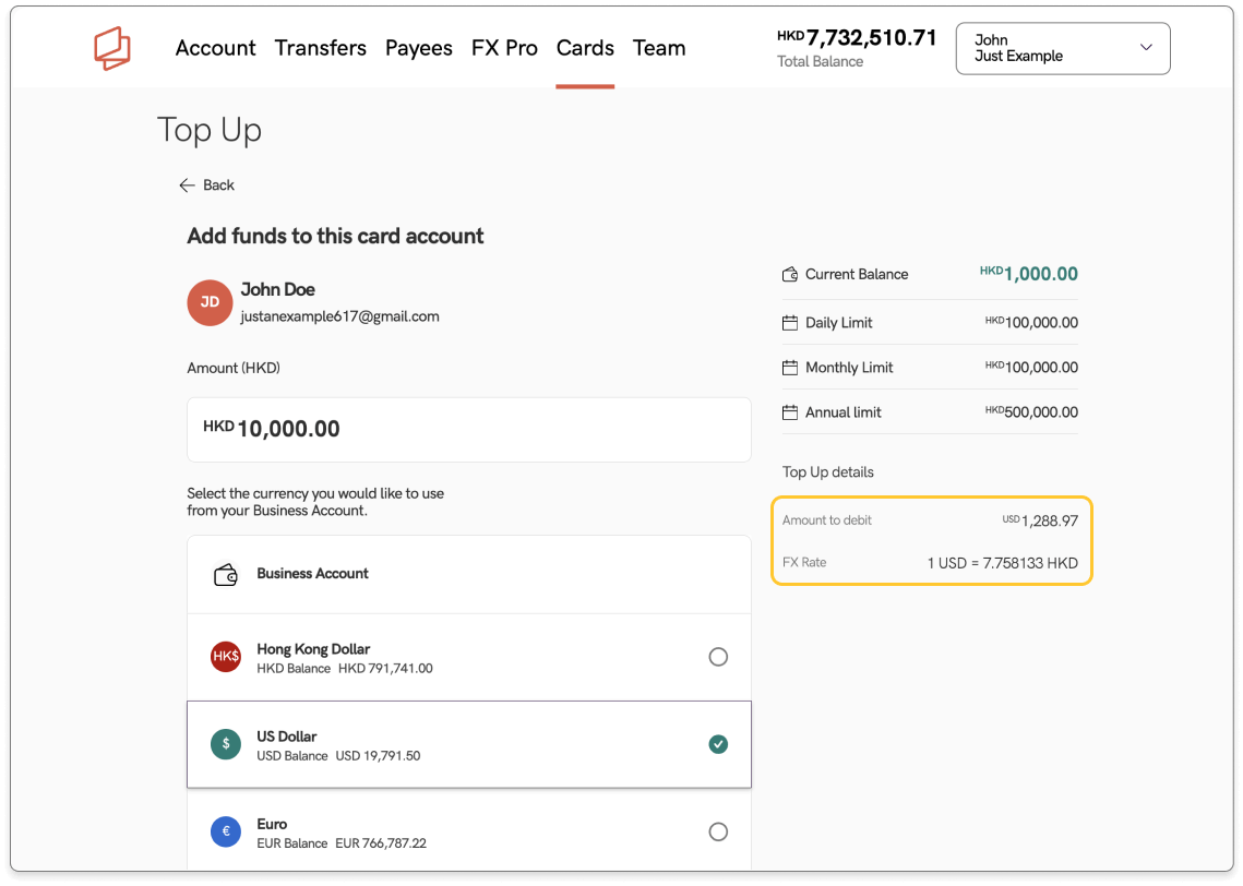 View the currency conversion (if applicable) on the right hand side.