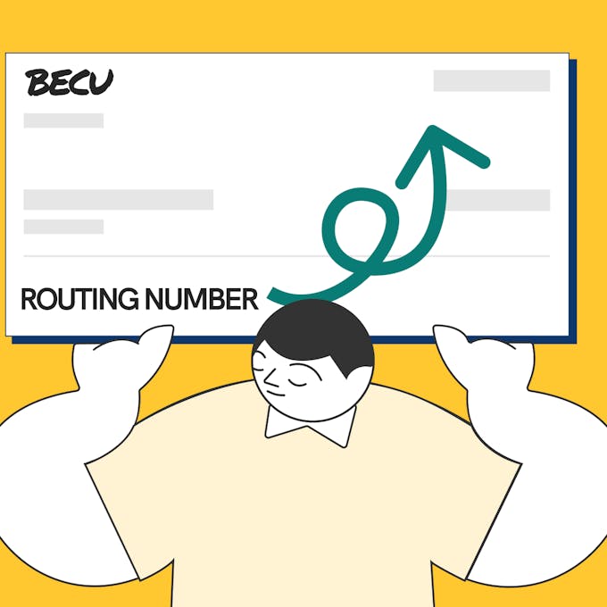 An illustrated man holding a BECU's check with a routing number.