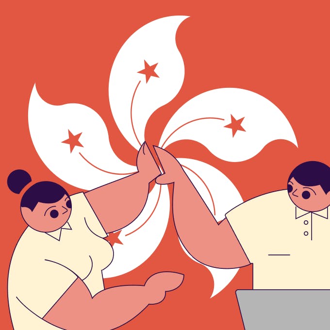 an illustration of two statrys mascot giving each other a high five with a hong kong symbol in the background.