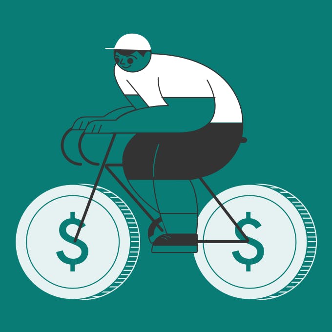 an illustration of statrys mascot riding a bicycle with dollar sign as wheels