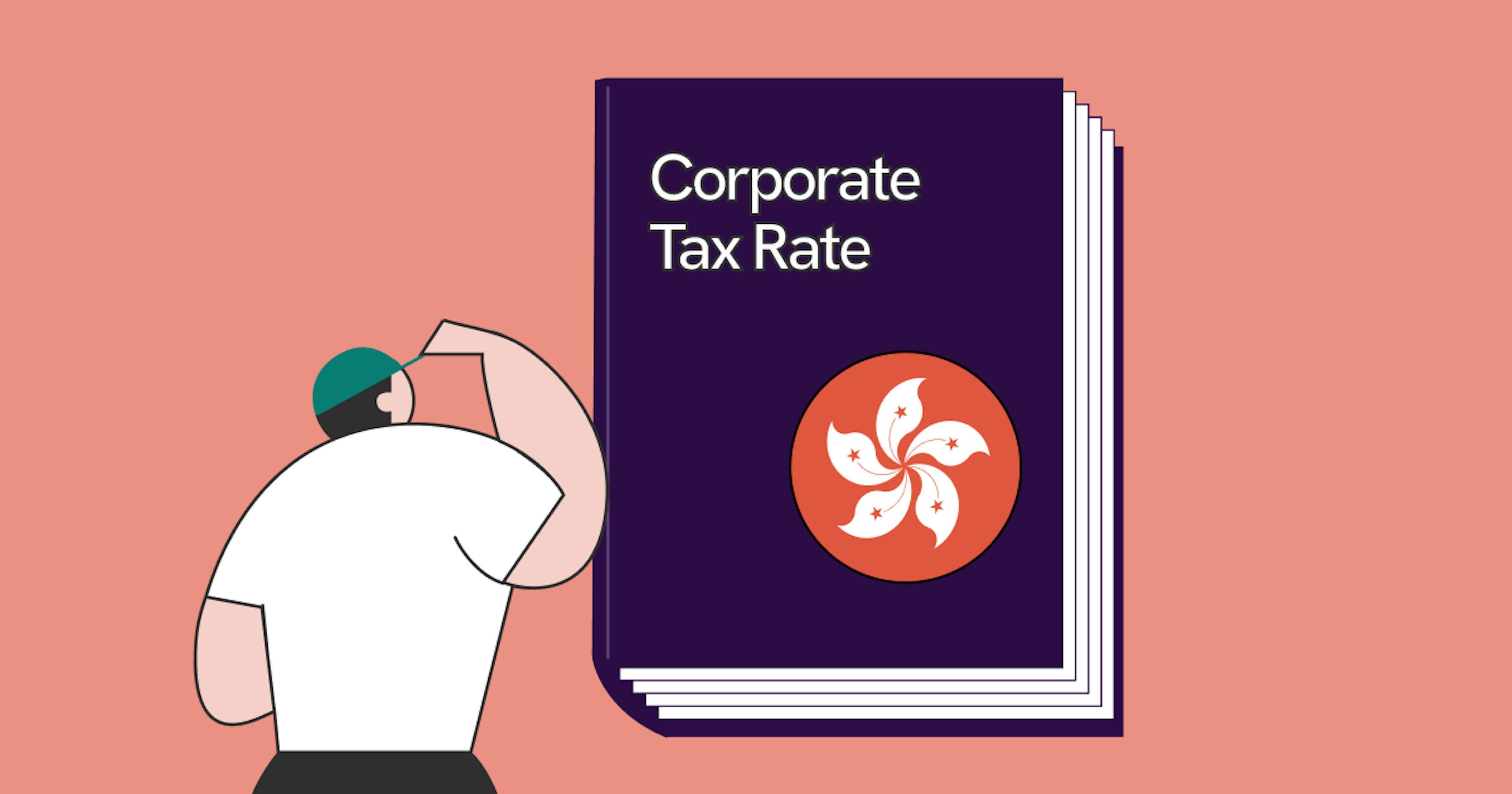 illustration of Statrys mascot staring at a giant book that says Corporate tax rate with a large Hong Kong symbol.