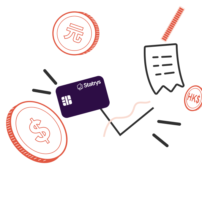 An illustration of a Statrys Payment Card and a receipt with a HK$, USD, and Renminbi coin.